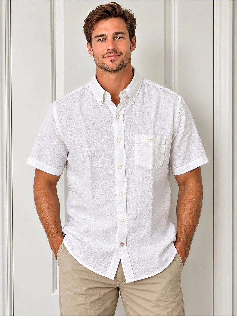 Men’s Medium White Linen Blend Short Sleeve Button Down Shirt